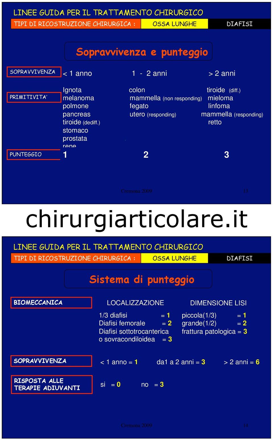 rene PUNTEGGIO 1 2 3 Cremona 2009 13 LINEE GUIDA PER IL TRATTAMENTO CHIRURGICO TIPI DI RICOSTRUZIONE CHIRURGICA : OSSA LUNGHE DIAFISI Sistema di punteggio BIOMECCANICA LOCALIZZAZIONE 1/3 diafisi = 1