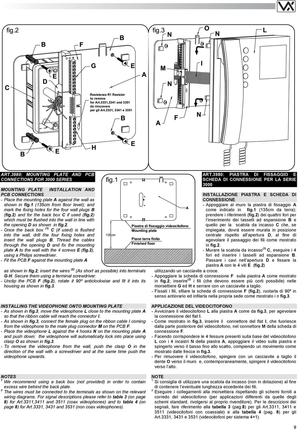 2) which must be flushed into the wall in line with the opening D as shown in fig.2. - Once the back box (1) C (if used) is flushed into the wall, drill the four fixing holes and insert the wall plugs.