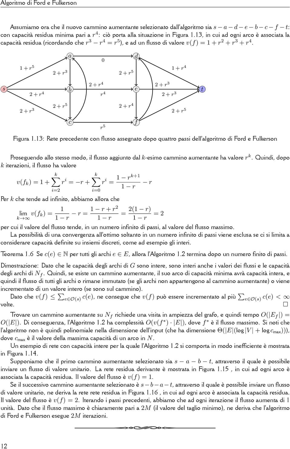 + r b e 3 t 2 + r 4 r4 2 + r 3 2 + r 5 2 + r 4 2 + r 3 2 + r 5 c f r 5 Figura 113: Rete precedente con flusso assegnato dopo quattro passi dell'algoritmo di Ford e Fulkerson Proseguendo allo stesso
