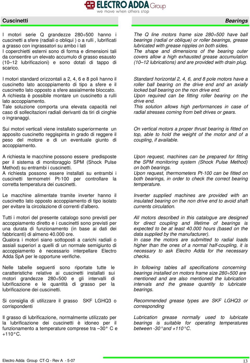 I motori standard orizzontali a, 4, 6 e 8 poli hanno il cuscinetto lato accoppiamento di tipo a sfere e il cuscinetto lato opposto a sfere assialmente bloccato.