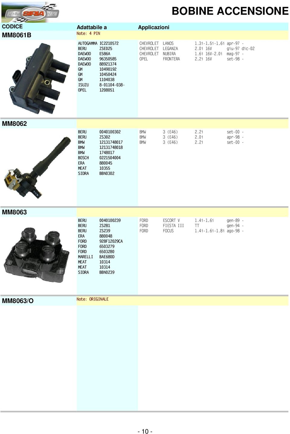 0i mag-97 - OPEL FRONTERA 2,2i 16V set-98 - MM8062 BERU 0040100302 BERU ZS302 BMW 12131748017 BMW 12131748018 BMW 1748017 BOSCH 0221504004 ERA 880045 MEAT 10355 SIDRA BBN0302 BMW 3 (E46) 2.