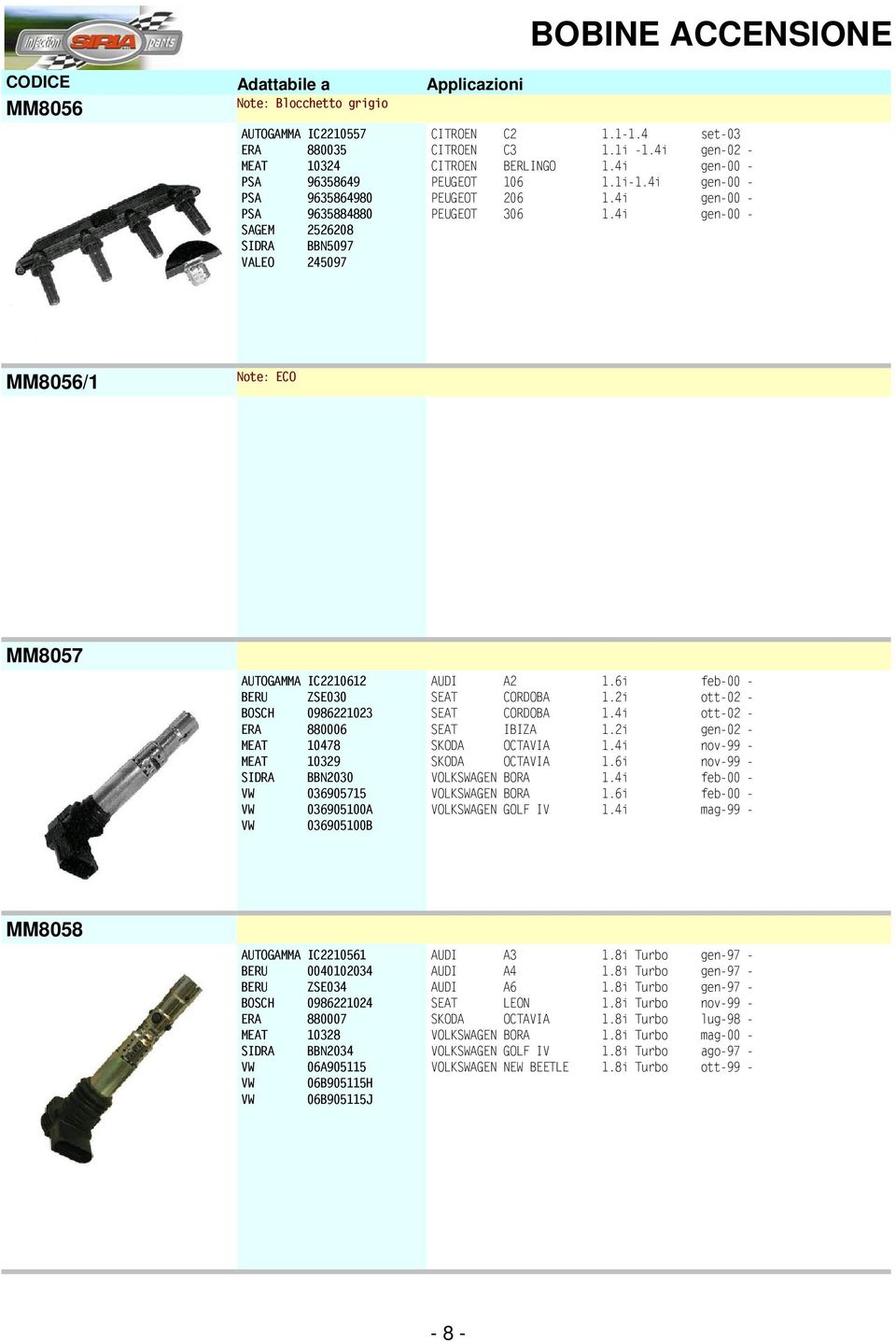 4i gen-00 - MM8056/1 Note: ECO MM8057 AUTOGAMMA IC2210612 BERU ZSE030 BOSCH 0986221023 ERA 880006 MEAT 10478 MEAT 10329 SIDRA BBN2030 VW 036905715 VW 036905100A VW 036905100B AUDI A2 1.