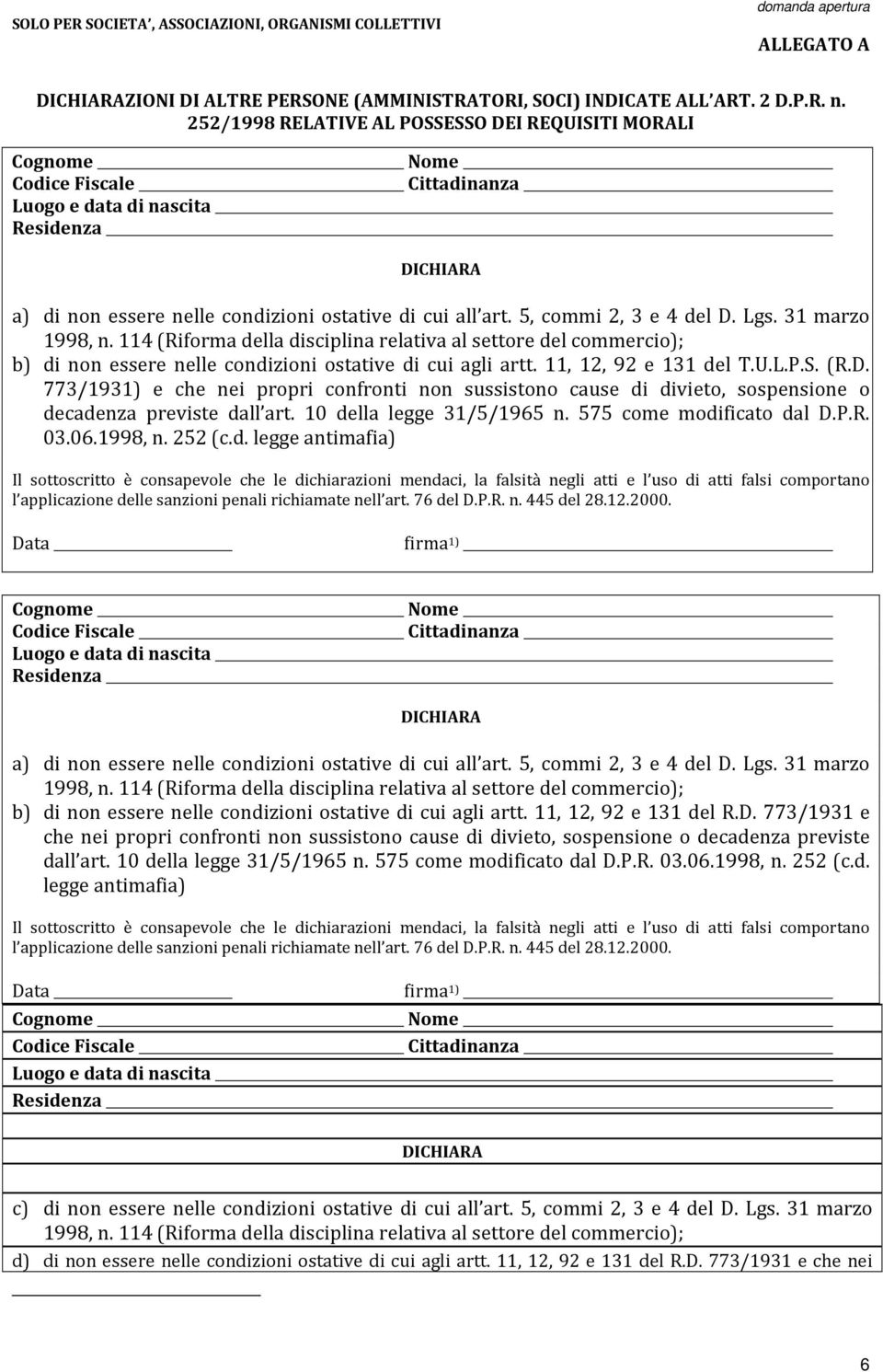 31 marzo 1998, n. 114 (Riforma della disciplina relativa al settore del commercio); b) di non essere nelle condizioni ostative di cui agli artt. 11, 12, 92 e 131 del T.U.L.P.S. (R.D.