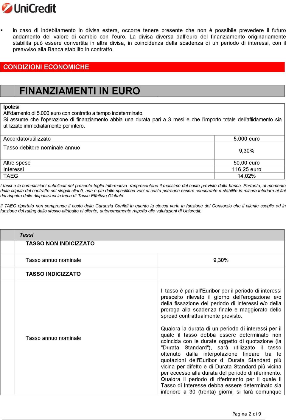 stabilito in contratto. CONDIZIONI ECONOMICHE FINANZIAMENTI IN EURO Ipotesi Affidamento di 5.000 euro con contratto a tempo indeterminato.