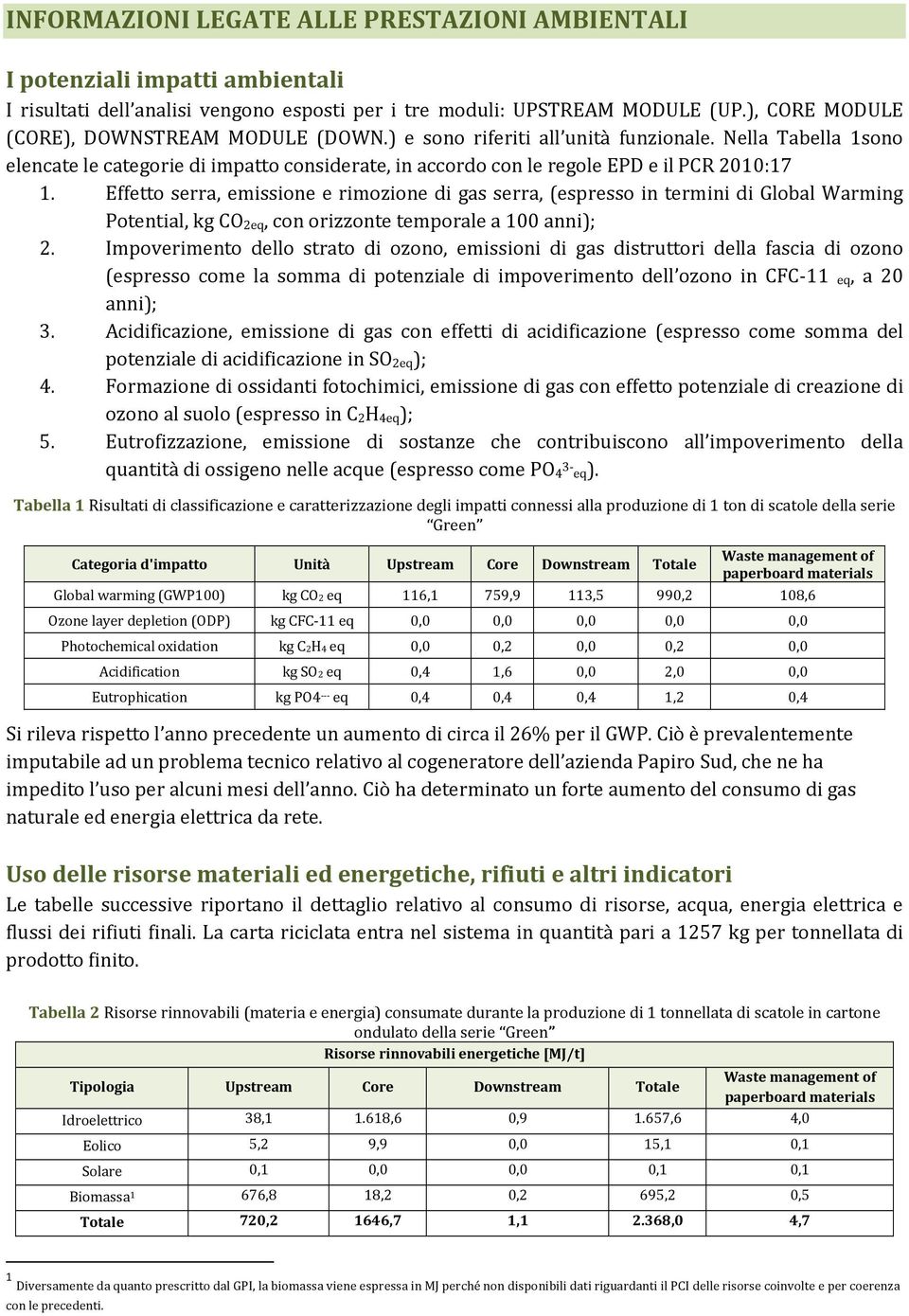 Nella Tabella 1sono elencate le categorie di impatto considerate, in accordo con le regole EPD e il PCR 2010:17 1.