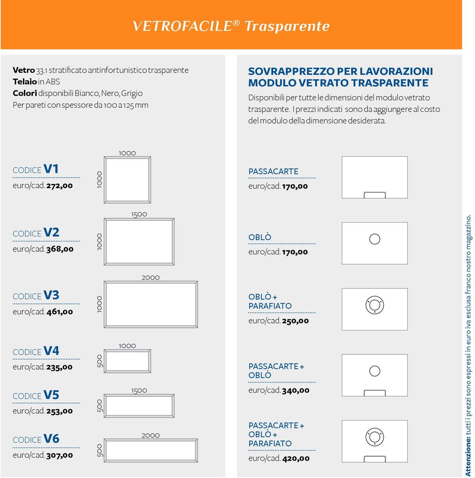 I prezzi indicati sono da aggiungere al costo del modulo della dimensione desiderata. CODICE V1 euro/cad. 272,00 PASSACARTE euro/cad. 170,00 CODICE V2 euro/cad.