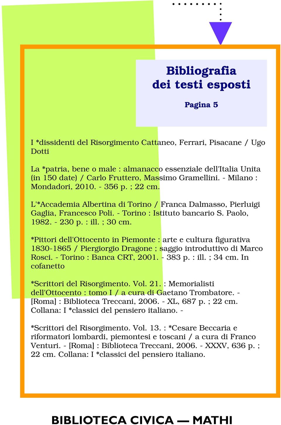 ; 30 cm. *Pittori dell'ottocento in Piemonte : arte e cultura figurativa 1830-1865 / Piergiorgio Dragone ; saggio introduttivo di Marco Rosci. - Torino : Banca CRT, 2001. - 383 p. : ill. ; 34 cm.