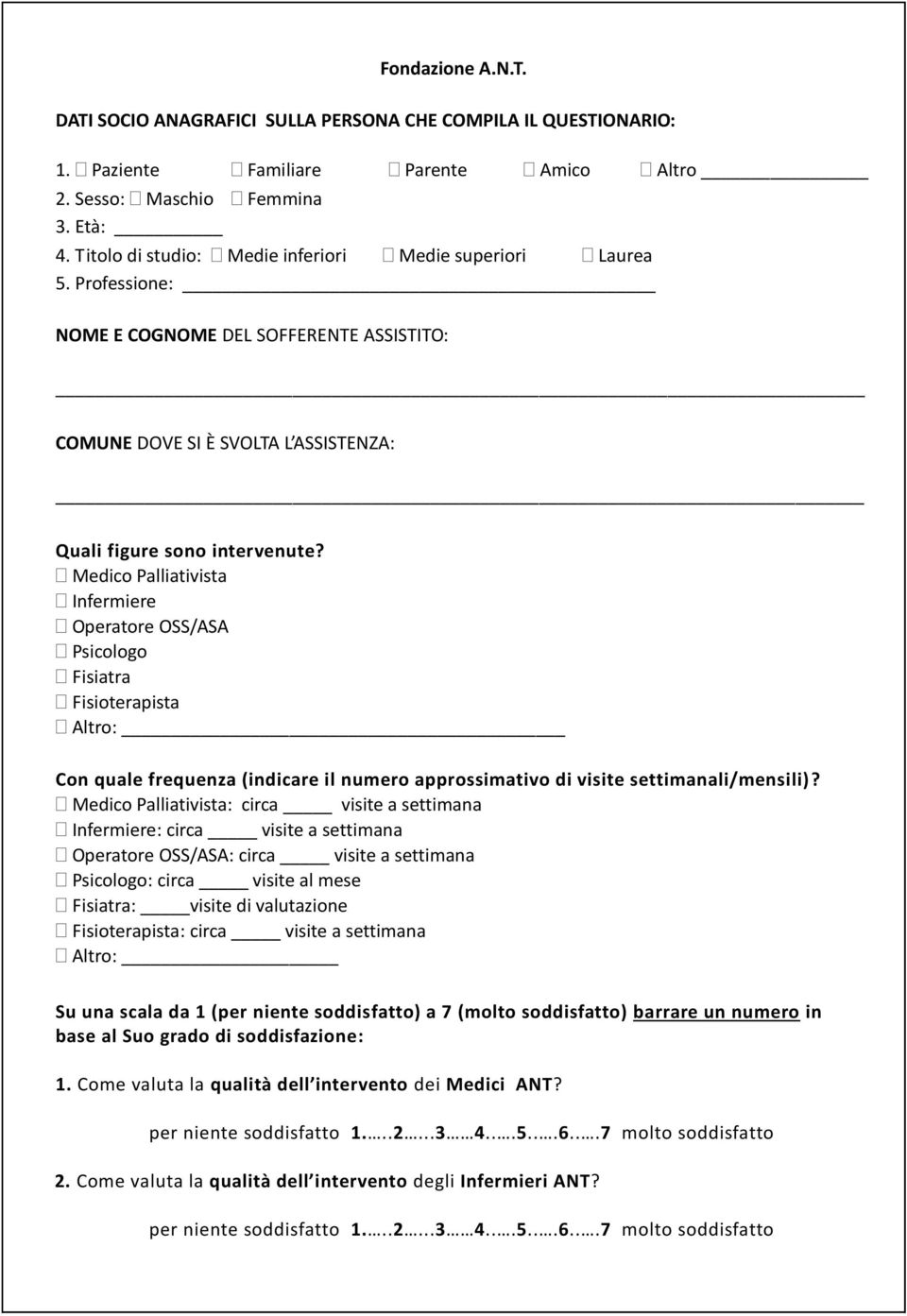 Medico Palliativista Infermiere Operatore OSS/ASA Psicologo Fisiatra Fisioterapista Altro: Con quale frequenza (indicare il numero approssimativo di visite settimanali/mensili)?