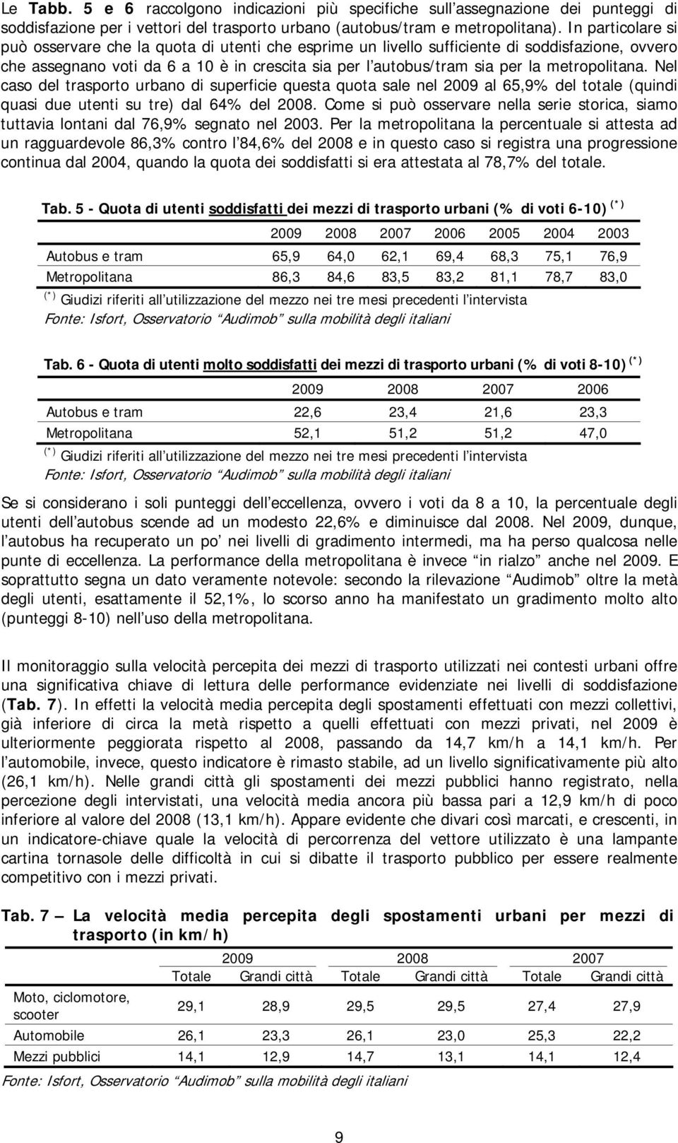 metropolitana. Nel caso del trasporto urbano di superficie questa quota sale nel 2009 al 65,9% del totale (quindi quasi due utenti su tre) dal 64% del 2008.