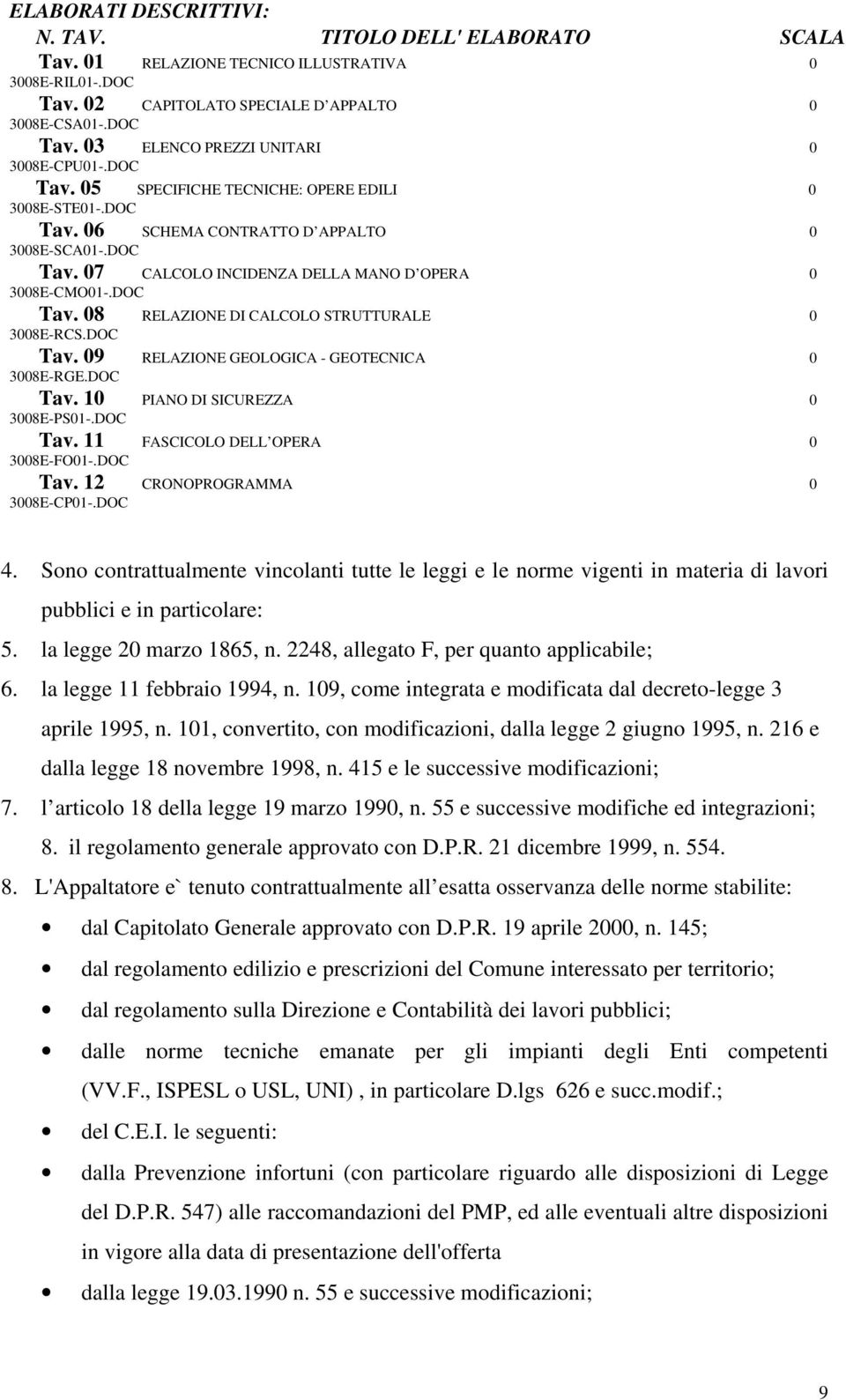 DOC Tav. 09 RELAZIONE GEOLOGICA - GEOTECNICA 0 3008E-RGE.DOC Tav. 10 PIANO DI SICUREZZA 0 3008E-PS01-.DOC Tav. 11 FASCICOLO DELL OPERA 0 3008E-FO01-.DOC Tav. 12 CRONOPROGRAMMA 0 3008E-CP01-.DOC 4.