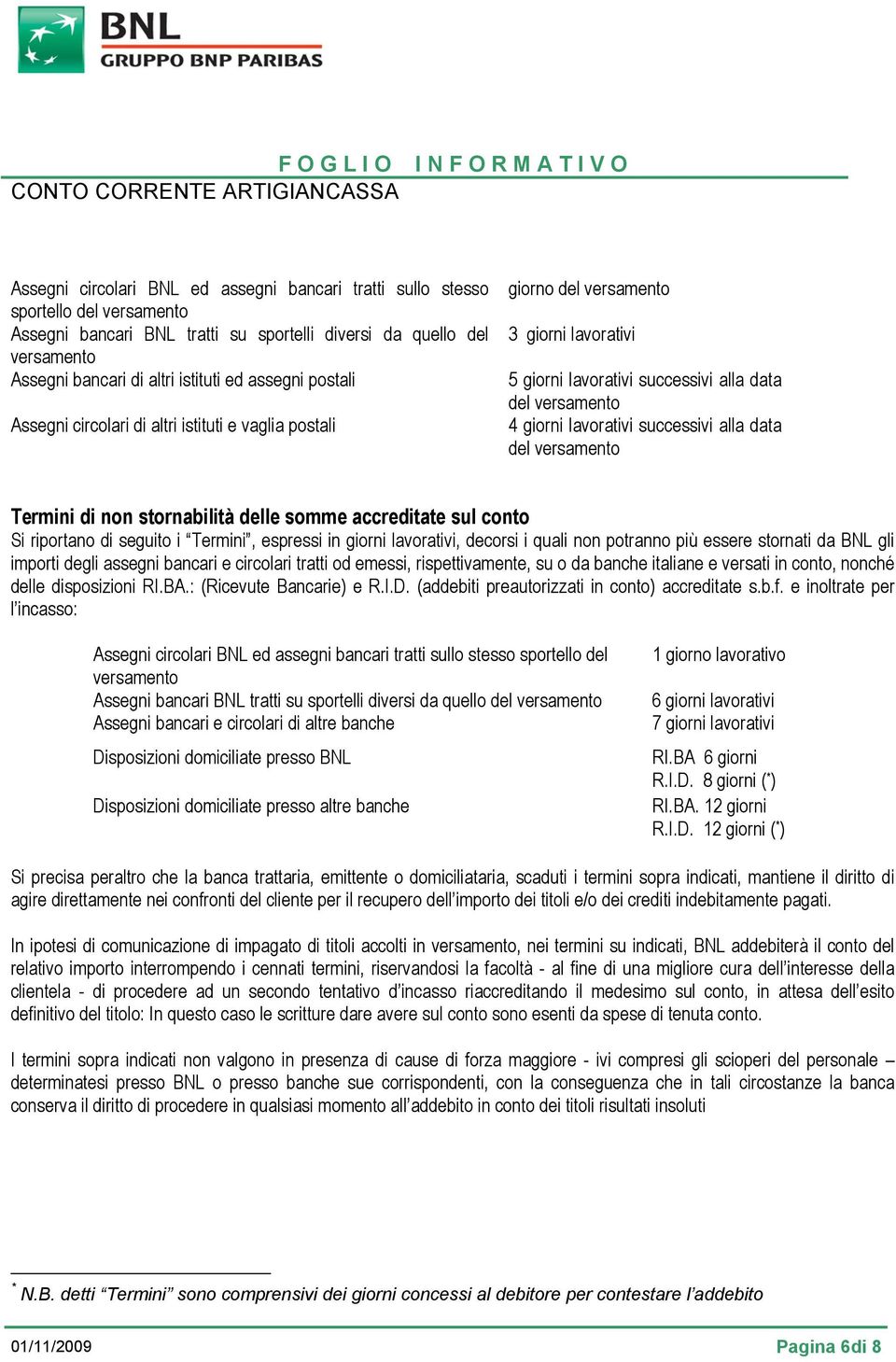 alla data del versamento Termini di non stornabilità delle somme accreditate sul conto Si riportano di seguito i Termini, espressi in giorni lavorativi, decorsi i quali non potranno più essere