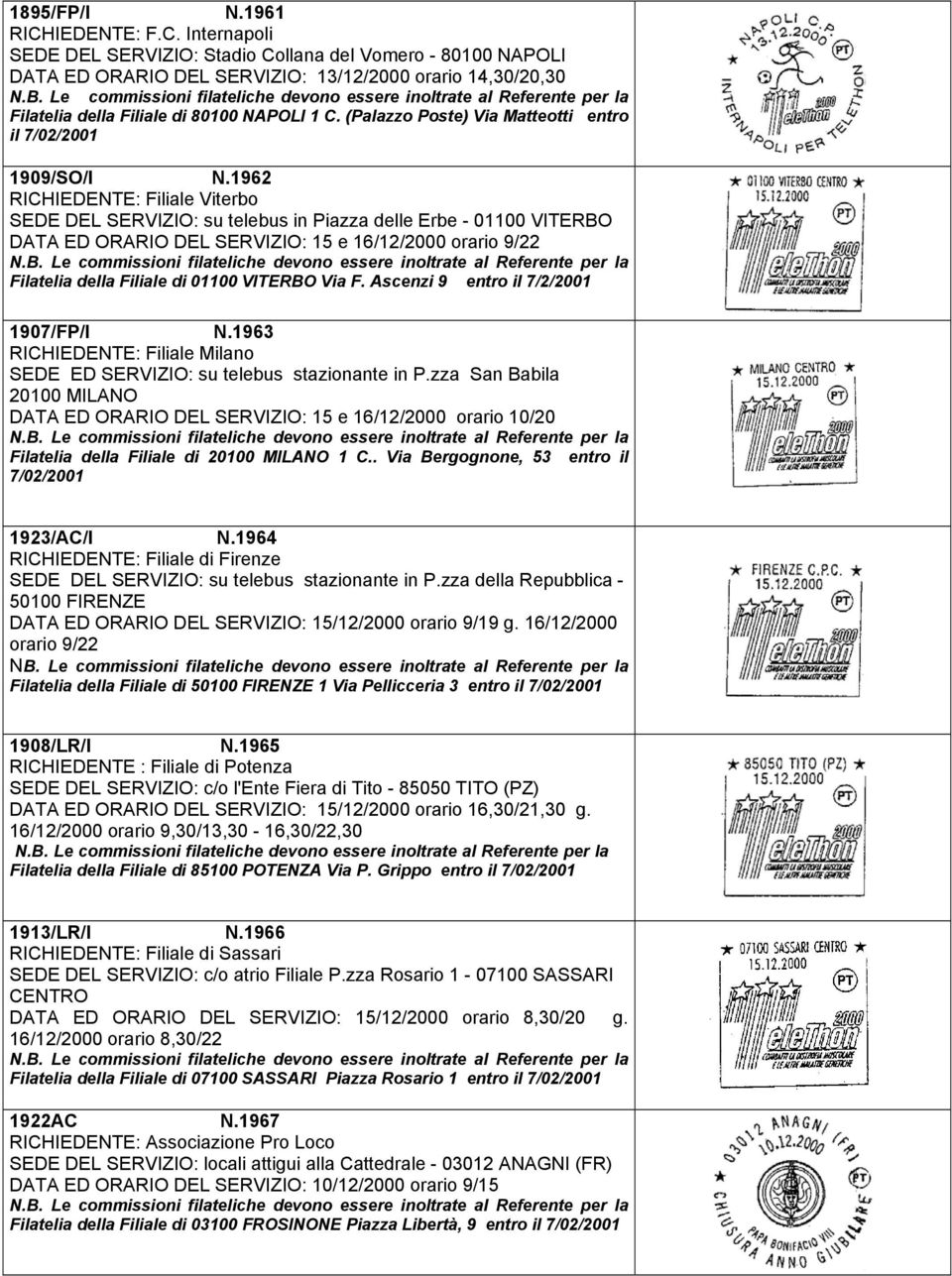 1962 RICHIEDENTE: Filiale Viterbo SEDE DEL SERVIZIO: su telebus in Piazza delle Erbe - 01100 VITERBO DATA ED ORARIO DEL SERVIZIO: 15 e 16/12/2000 orario 9/22 Filatelia della Filiale di 01100 VITERBO