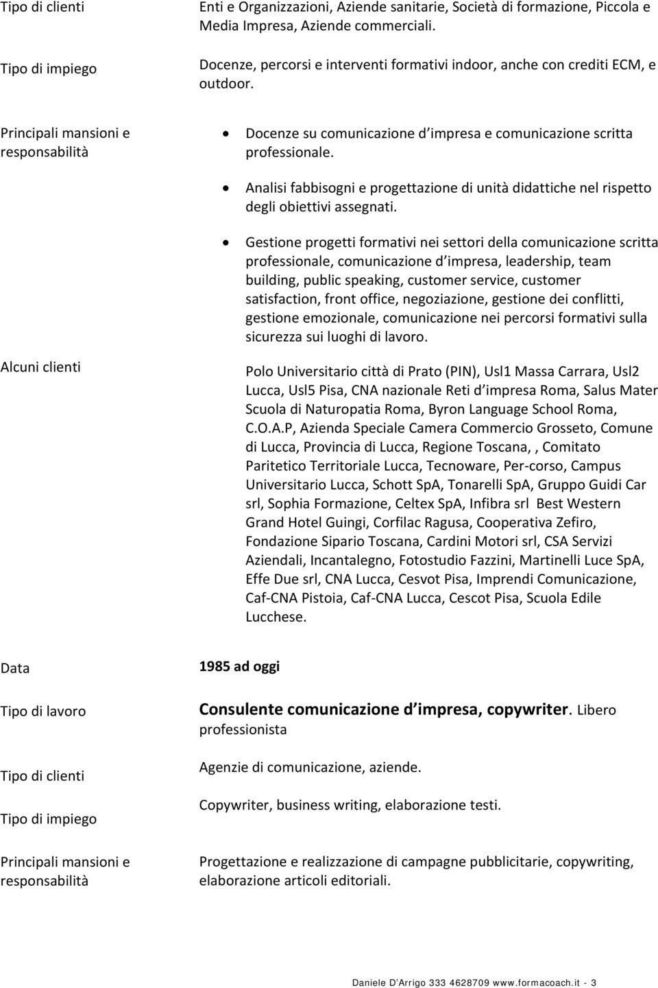 Principali mansioni e responsabilità Alcuni clienti Docenze su comunicazione d impresa e comunicazione scritta professionale.