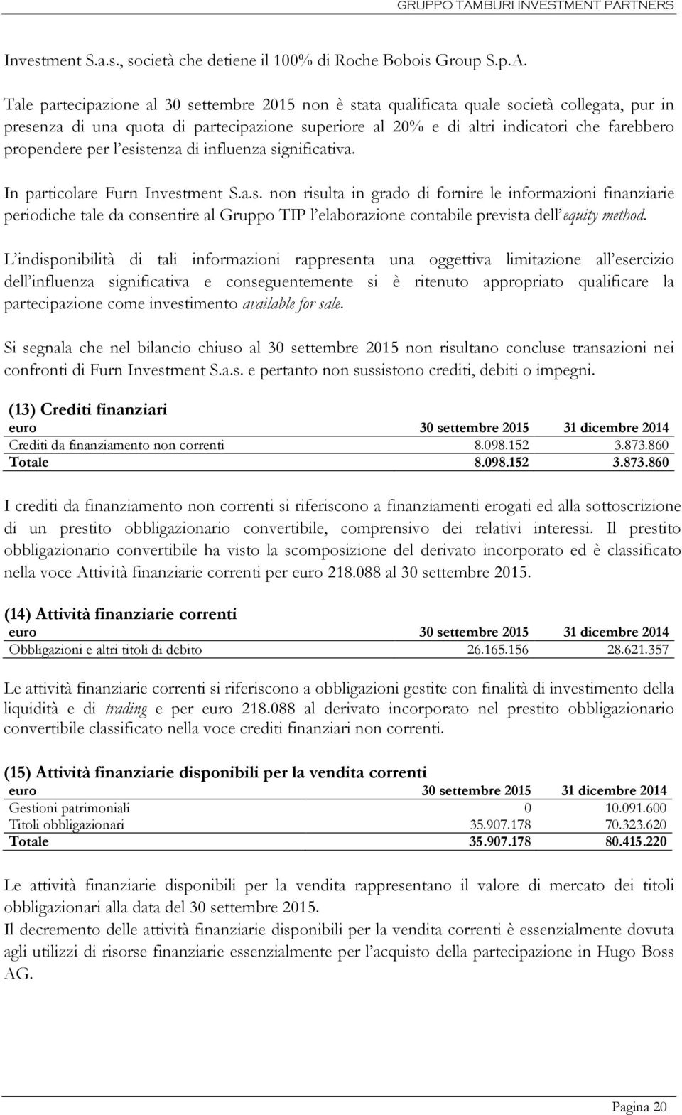 propendere per l esistenza di influenza significativa. In particolare Furn Investment S.a.s. non risulta in grado di fornire le informazioni finanziarie periodiche tale da consentire al Gruppo TIP l elaborazione contabile prevista dell equity method.