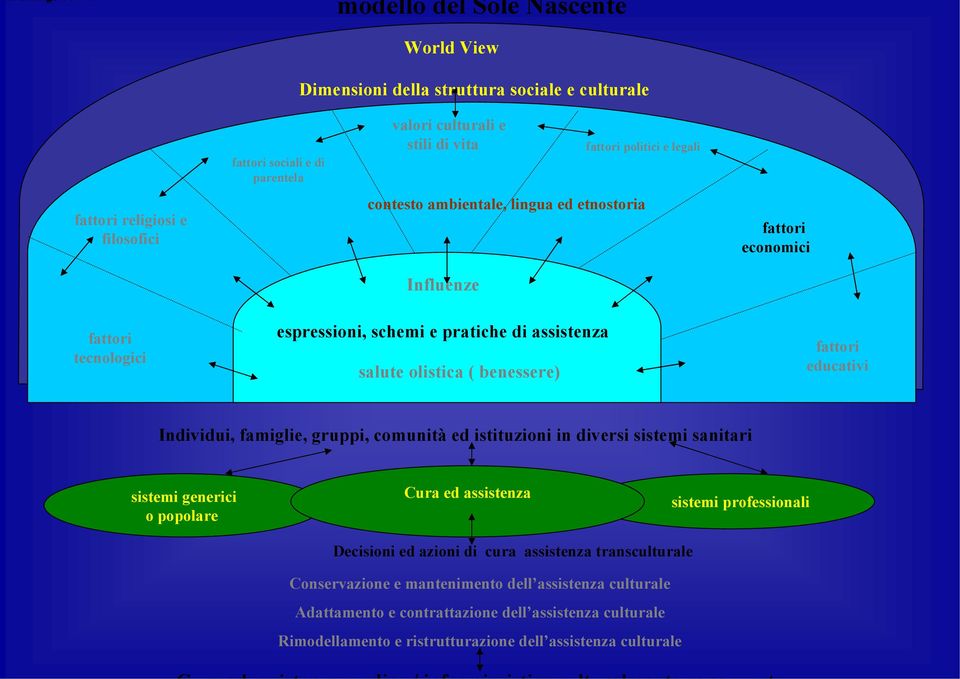 politici e legali contesto ambientale, lingua ed etnostoria Influenze fattori economici fattori tecnologici espressioni, schemi e pratiche di assistenza salute olistica ( benessere) fattori