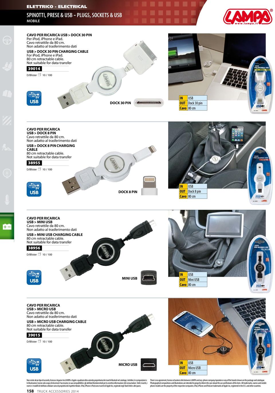 Not suitable for data transfer 39014 USB 5V DOCK 30 PIN IN USB OUT Dock 30 pin Cavo 80 cm CAVO PER RICARICA USB > DOCK 8 PIN Cavo retrattile da 80 cm.