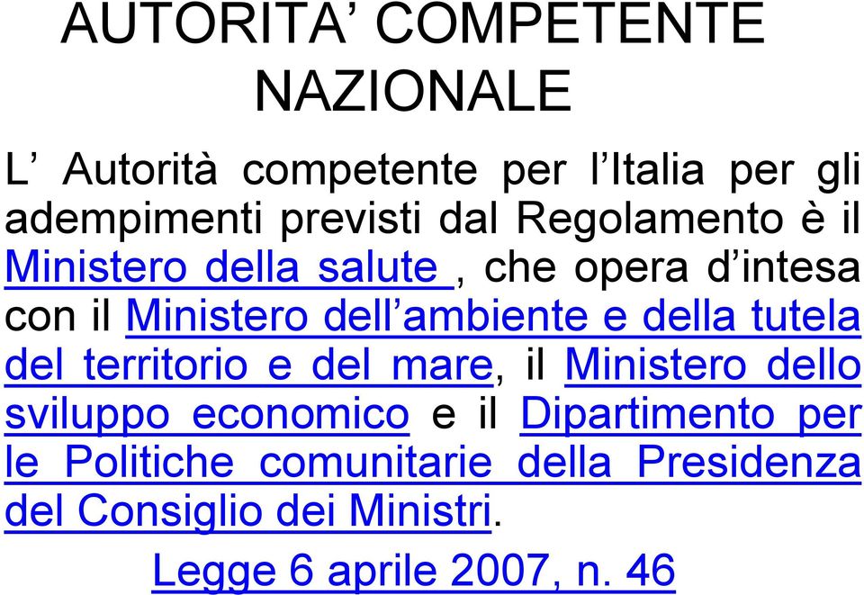 della tutela del territorio e del mare, il Ministero dello sviluppo economico e il Dipartimento