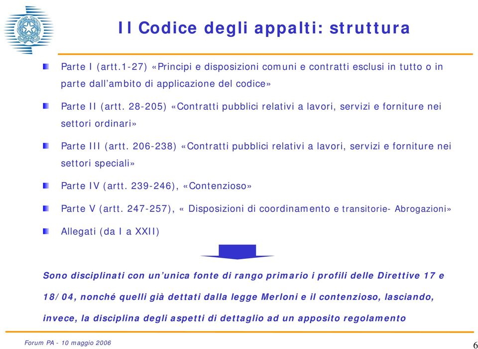 206-238) «Contratti pubblici relativi a lavori, servizi e forniture nei settori speciali» Parte IV (artt. 239-246), «Contenzioso» Parte V (artt.