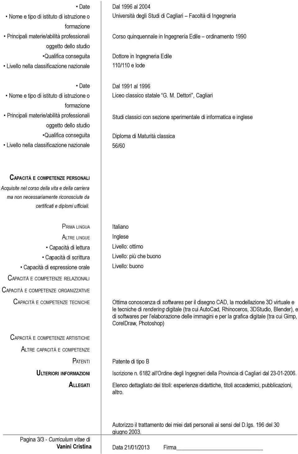 professionali oggetto dello studio Qualifica conseguita Livello nella classificazione nazionale Dal 1991 al 1996 Liceo classico statale G. M.