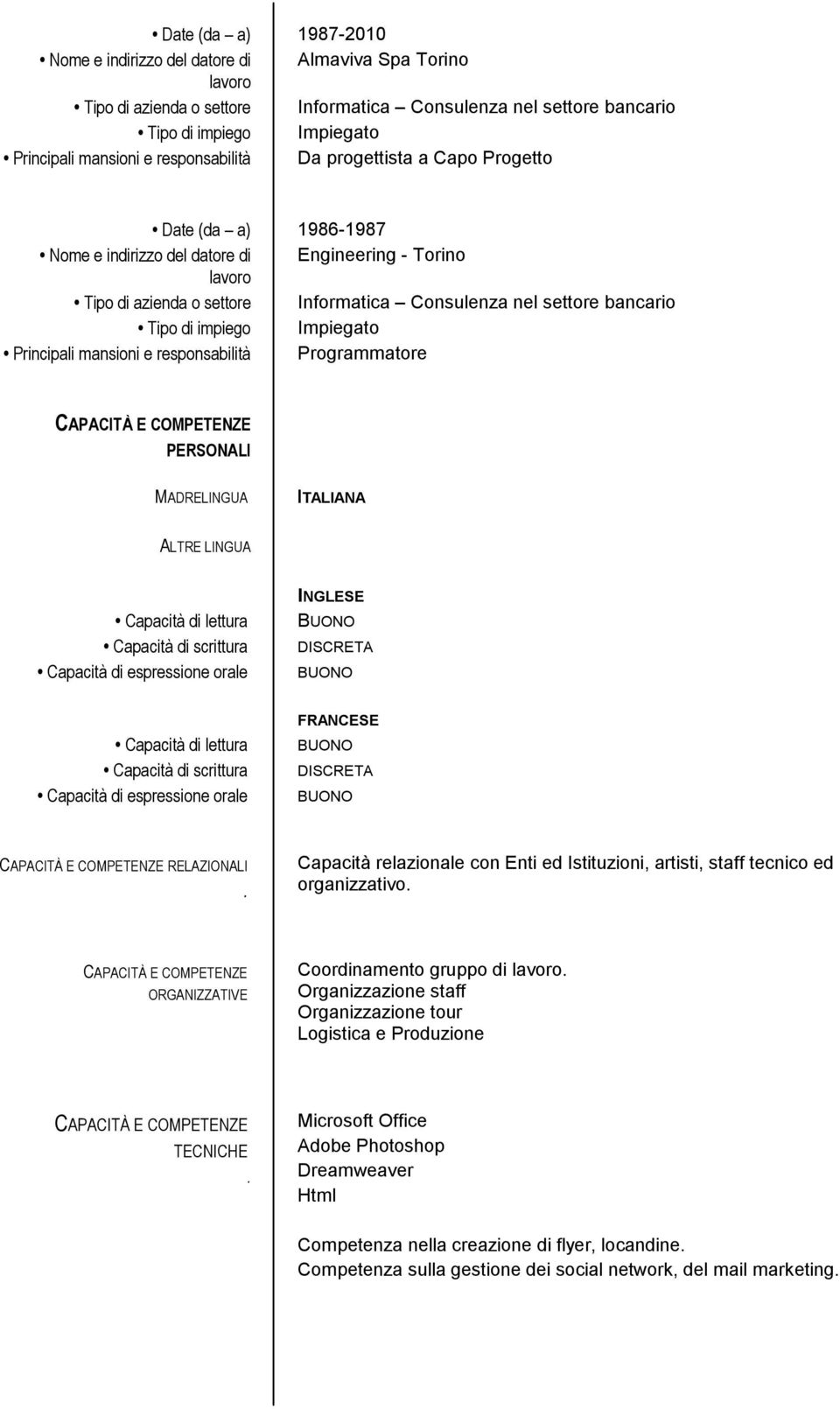 impiego Impiegato Principali mansioni e responsabilità Programmatore CAPACITÀ E COMPETENZE PERSONALI MADRELINGUA ITALIANA ALTRE LINGUA Capacità di lettura Capacità di scrittura Capacità di