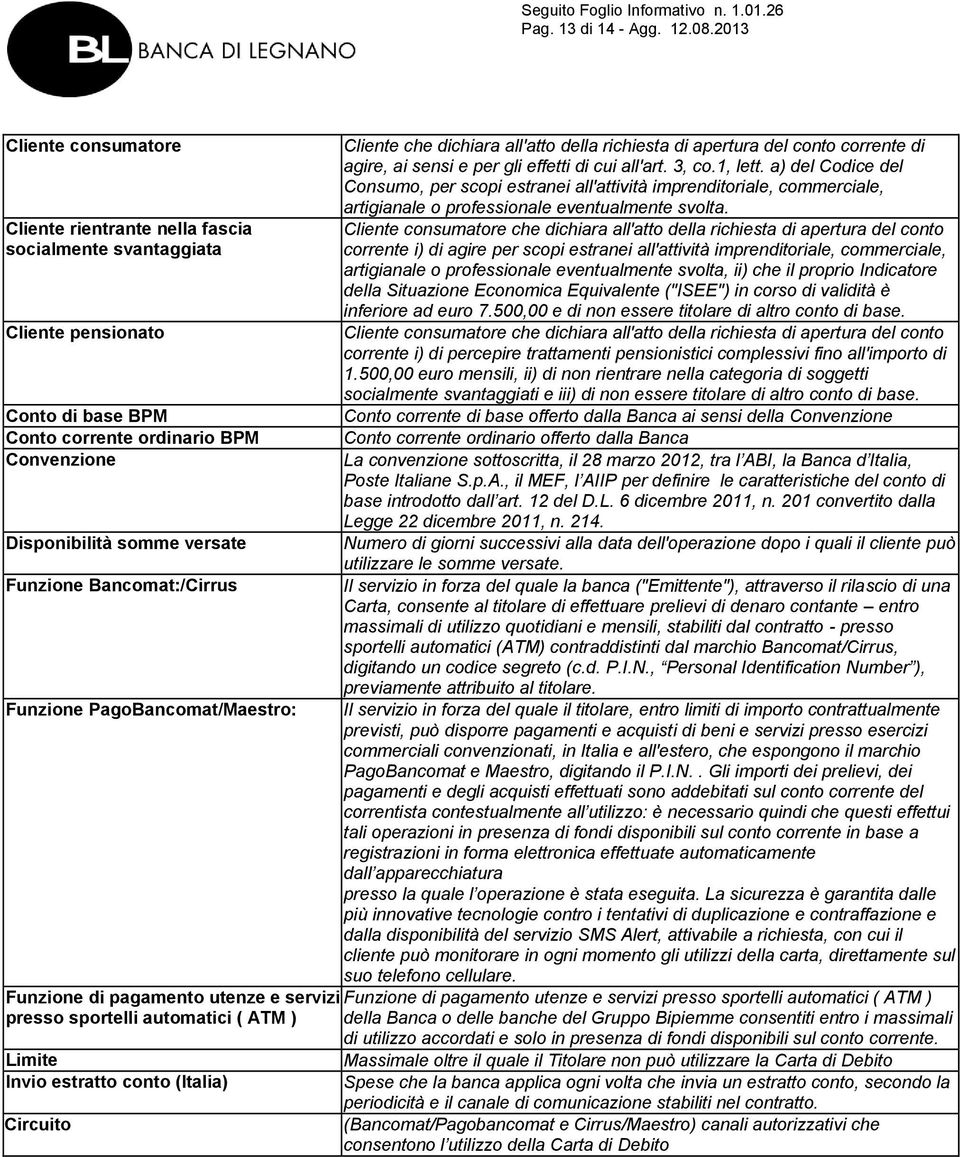 Bancomat:/Cirrus Funzione PagoBancomat/Maestro: Funzione di pagamento utenze e servizi presso sportelli automatici ( ATM ) Limite Invio estratto conto (Italia) Circuito Cliente che dichiara all'atto