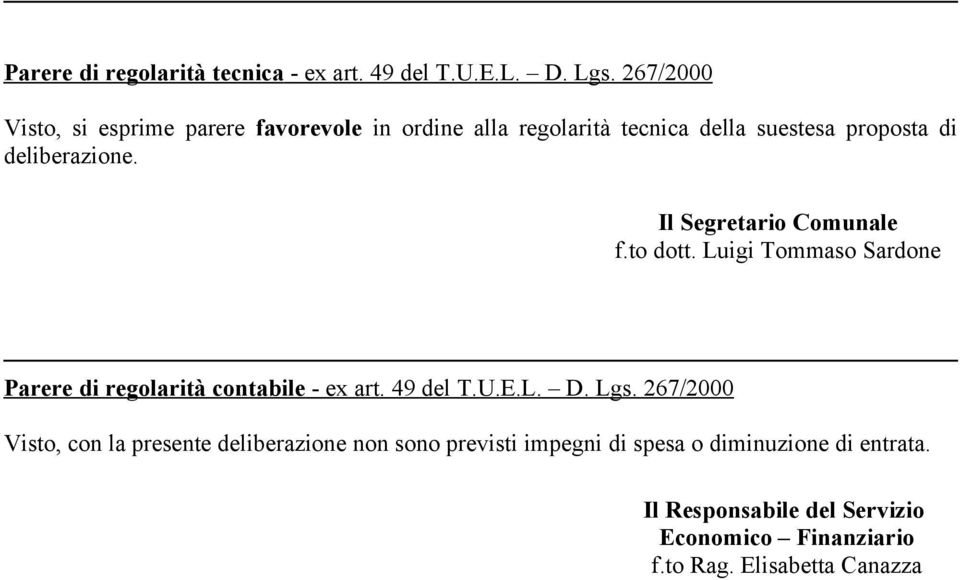 Il Segretario Comunale f.to dott. Luigi Tommaso Sardone Parere di regolarità contabile - ex art. 49 del T.U.E.L. D. Lgs.