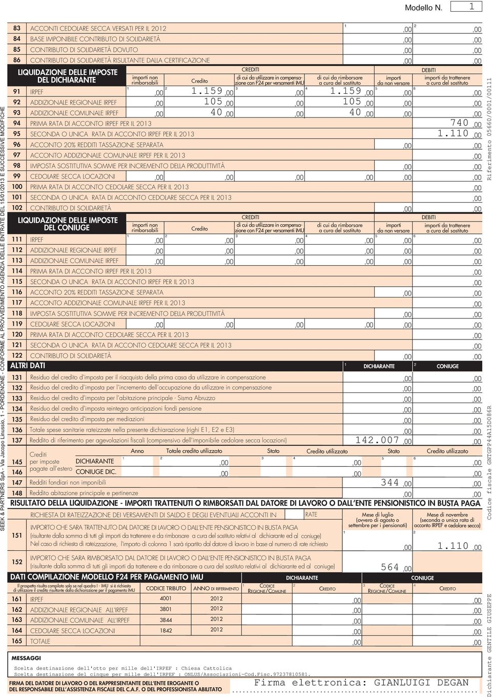 CONTRIBUTO DI SOLIDARIETÀ CONTRIBUTO DI SOLIDARIETÀ DOVUTO CONTRIBUTO DI SOLIDARIETÀ RISULTANTE DALLA CERTIFICAZIONE LIQUIDAZIONE DELLE IMPOSTE CREDITI DEBITI importi non di cui da utilizzare in