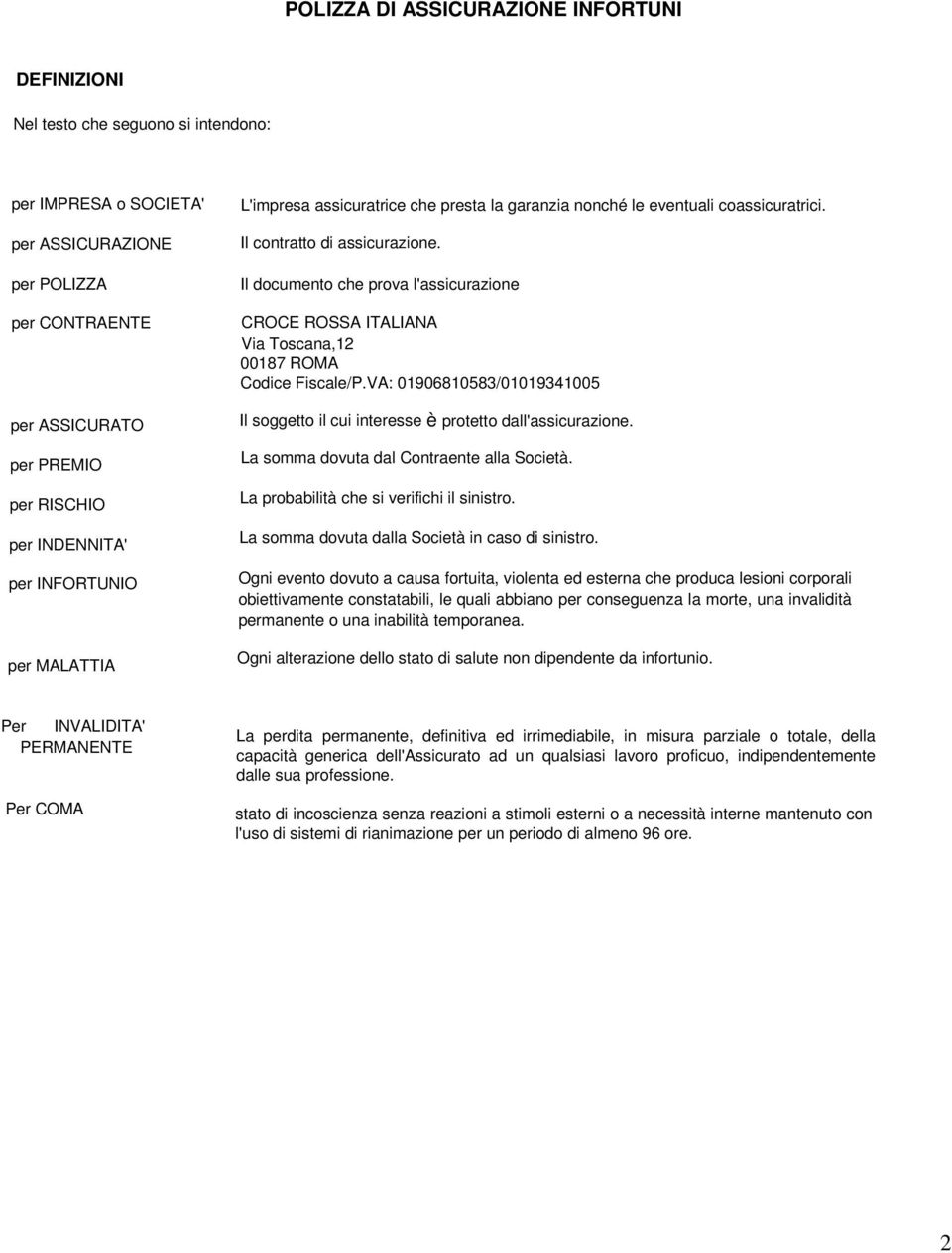 Il documento che prova l'assicurazione CROCE ROSSA ITALIANA Via Toscana,12 00187 ROMA Codice Fiscale/P.VA: 01906810583/01019341005 Il soggetto il cui interesse è protetto dall'assicurazione.