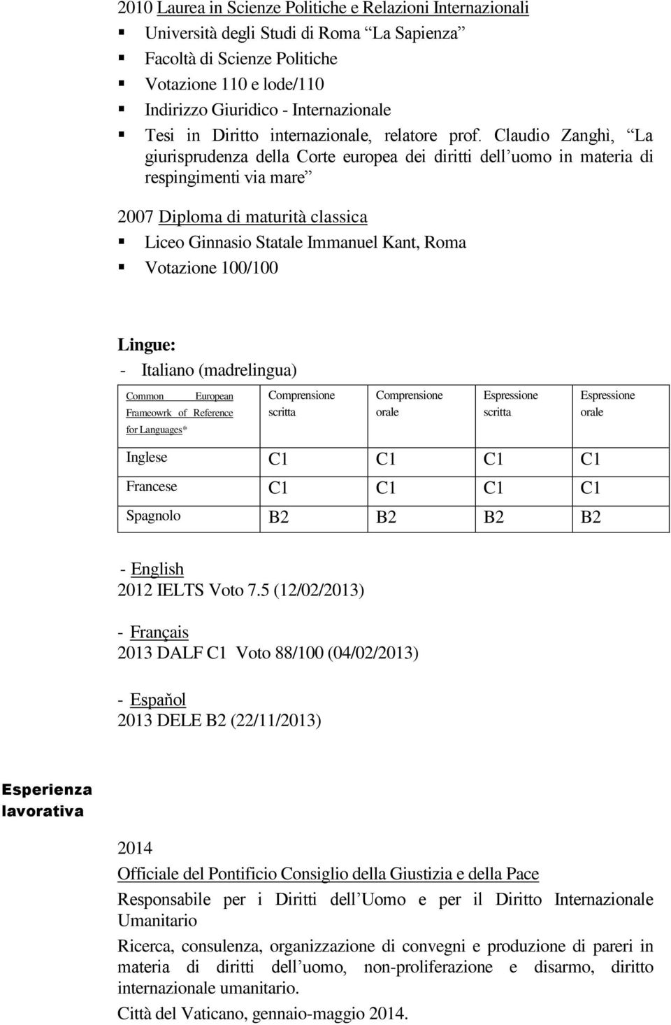 Claudio Zanghì, La giurisprudenza della Corte europea dei diritti dell uomo in materia di respingimenti via mare 2007 Diploma di maturità classica Liceo Ginnasio Statale Immanuel Kant, Roma Votazione