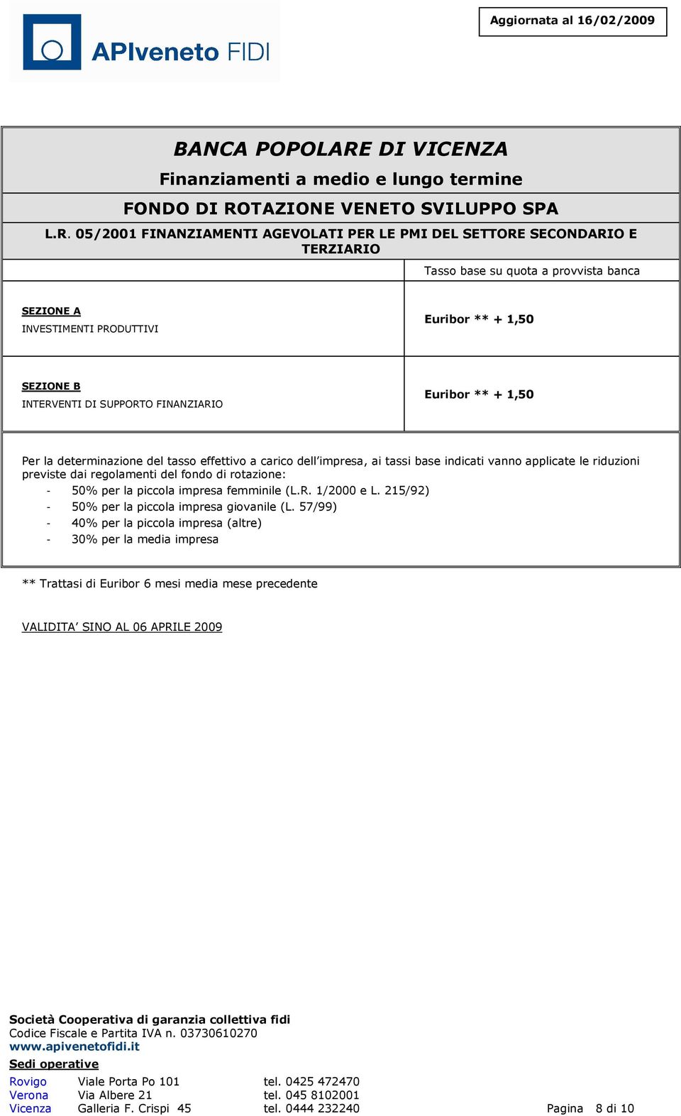 05/2001 FINANZIAMENTI AGEVOLATI PER LE PMI DEL SETTORE SECONDARIO E TERZIARIO Tasso base su quota a provvista banca SEZIONE A INVESTIMENTI PRODUTTIVI Euribor ** + 1,50 SEZIONE B