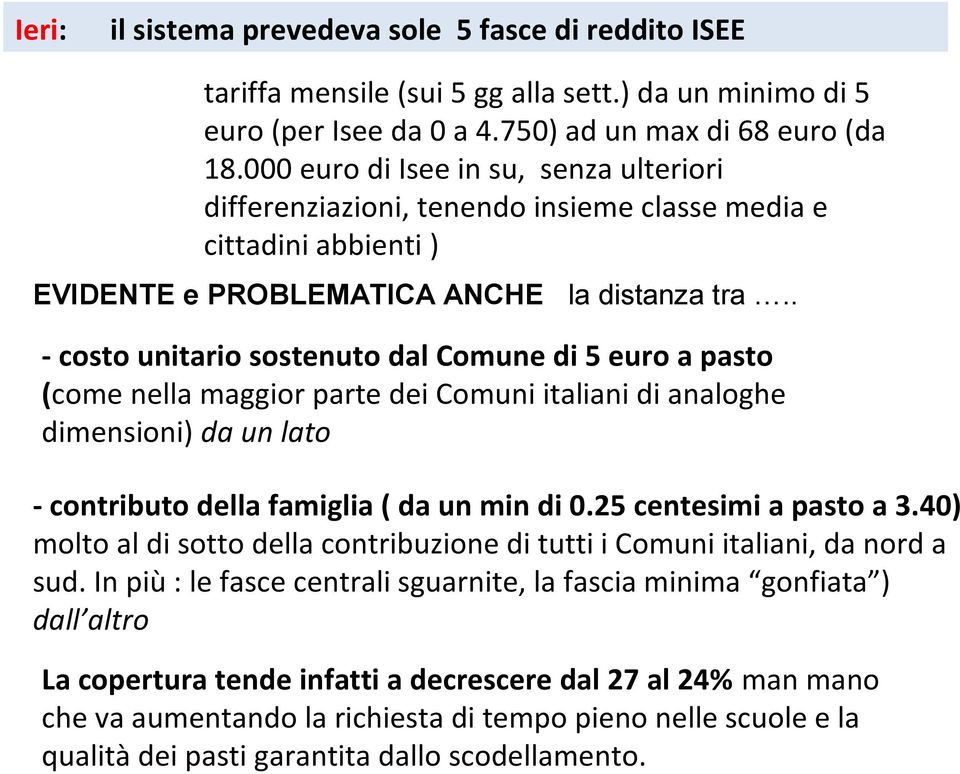 . - costo unitario sostenuto dal Comune di 5 euro a pasto (come nella maggior parte dei Comuni italiani di analoghe dimensioni) da un lato - contributo della famiglia ( da un min di 0.