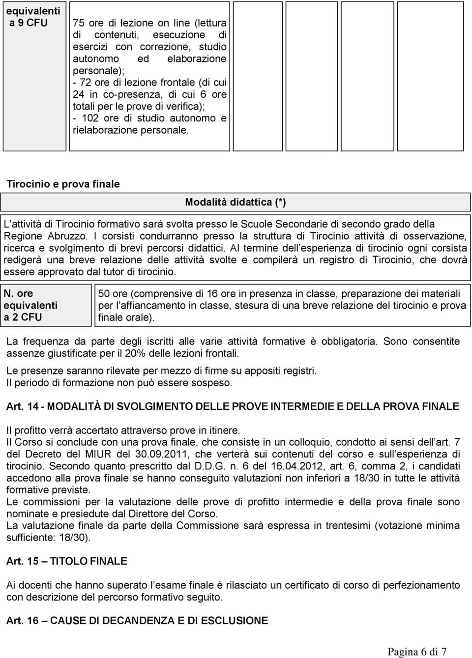 Tirocinio e prova finale Modalità didattica (*) L attività di Tirocinio formativo sarà svolta presso le Scuole Secondarie di secondo grado della Regione Abruzzo.