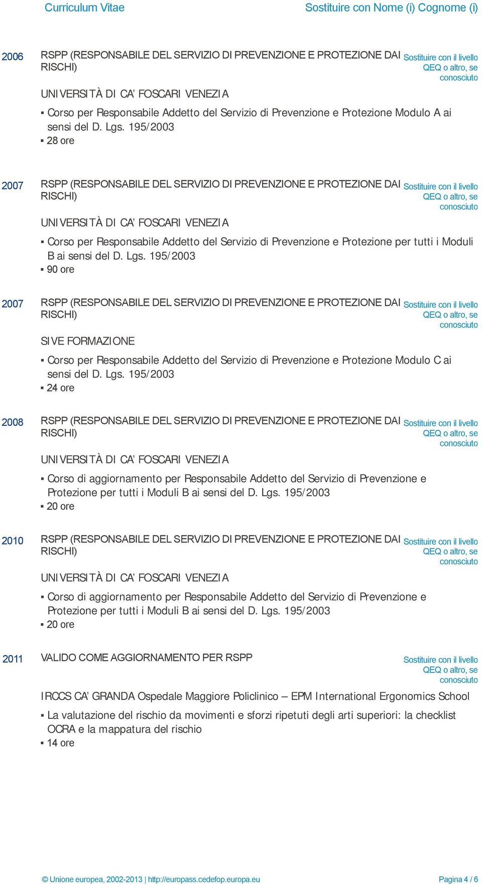 195/2003 28 ore 2007 RSPP (RESPONSABILE DEL SERVIZIO DI PREVENZIONE E PROTEZIONE DAI Corso per Responsabile Addetto del Servizio di Prevenzione e Protezione per tutti i Moduli B ai sensi del D. Lgs.