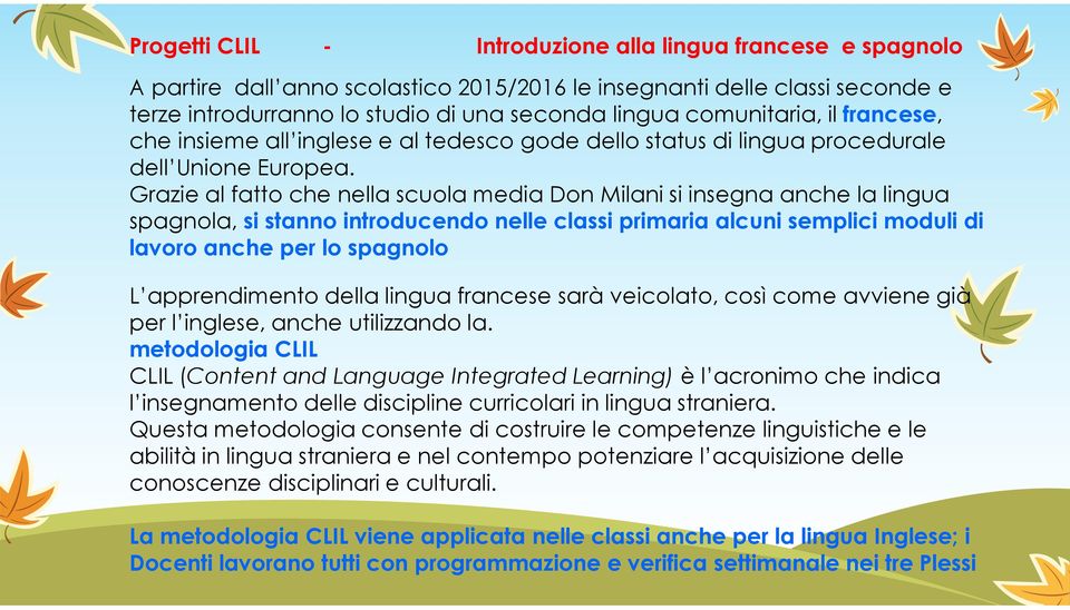 Grazie al fatto che nella scuola media Don Milani si insegna anche la lingua spagnola, si stanno introducendo nelle classi primaria alcuni semplici moduli di lavoro anche per lo spagnolo L