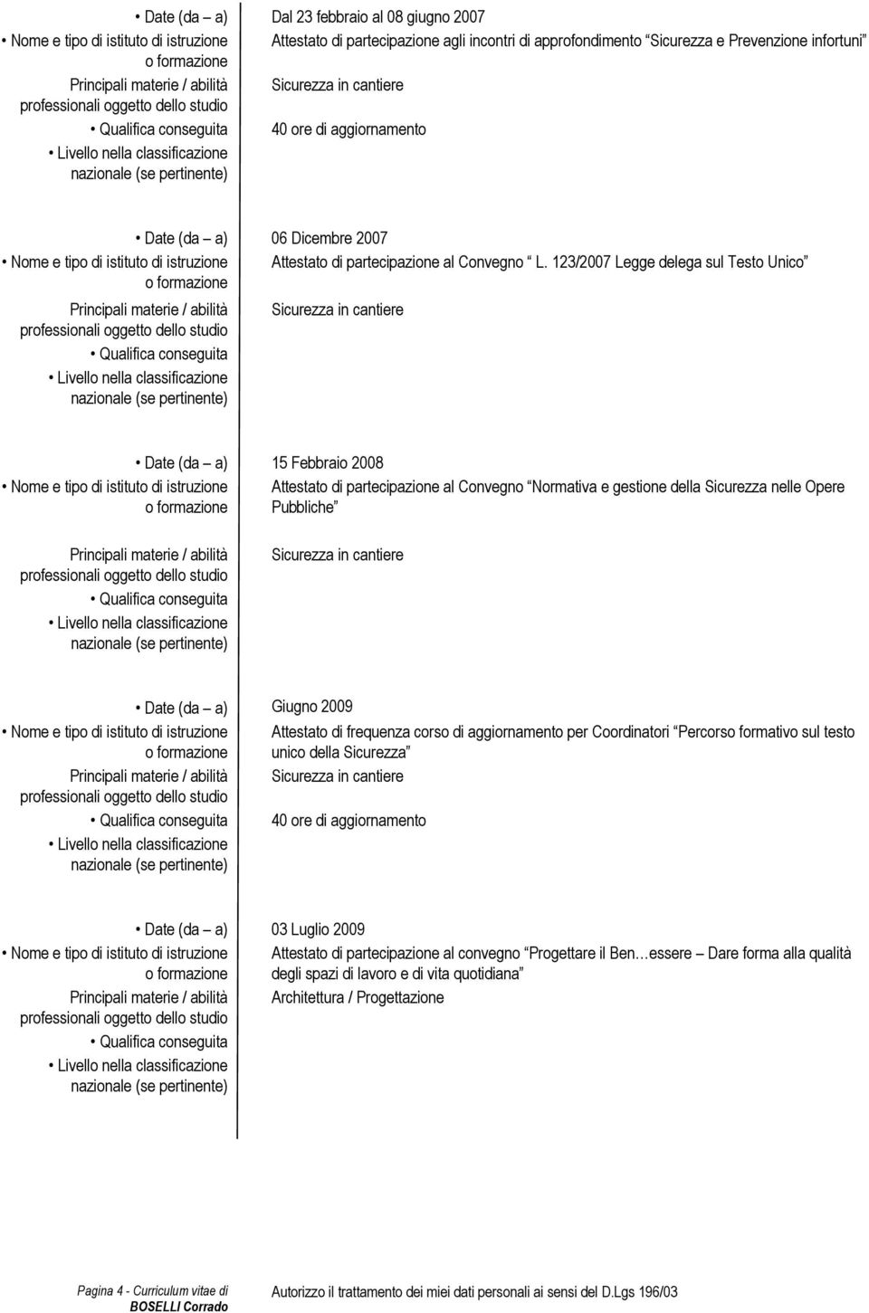 123/2007 Legge delega sul Testo Unico Principali materie / abilità Sicurezza in cantiere Nome e tipo di istituto di istruzione Date (da a) 15 Febbraio 2008 Attestato di partecipazione al Convegno