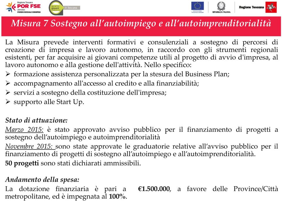 Nello specifico: formazione assistenza personalizzata per la stesura del Business Plan; accompagnamento allʹaccesso al credito e alla finanziabilità; servizi a sostegno della costituzione