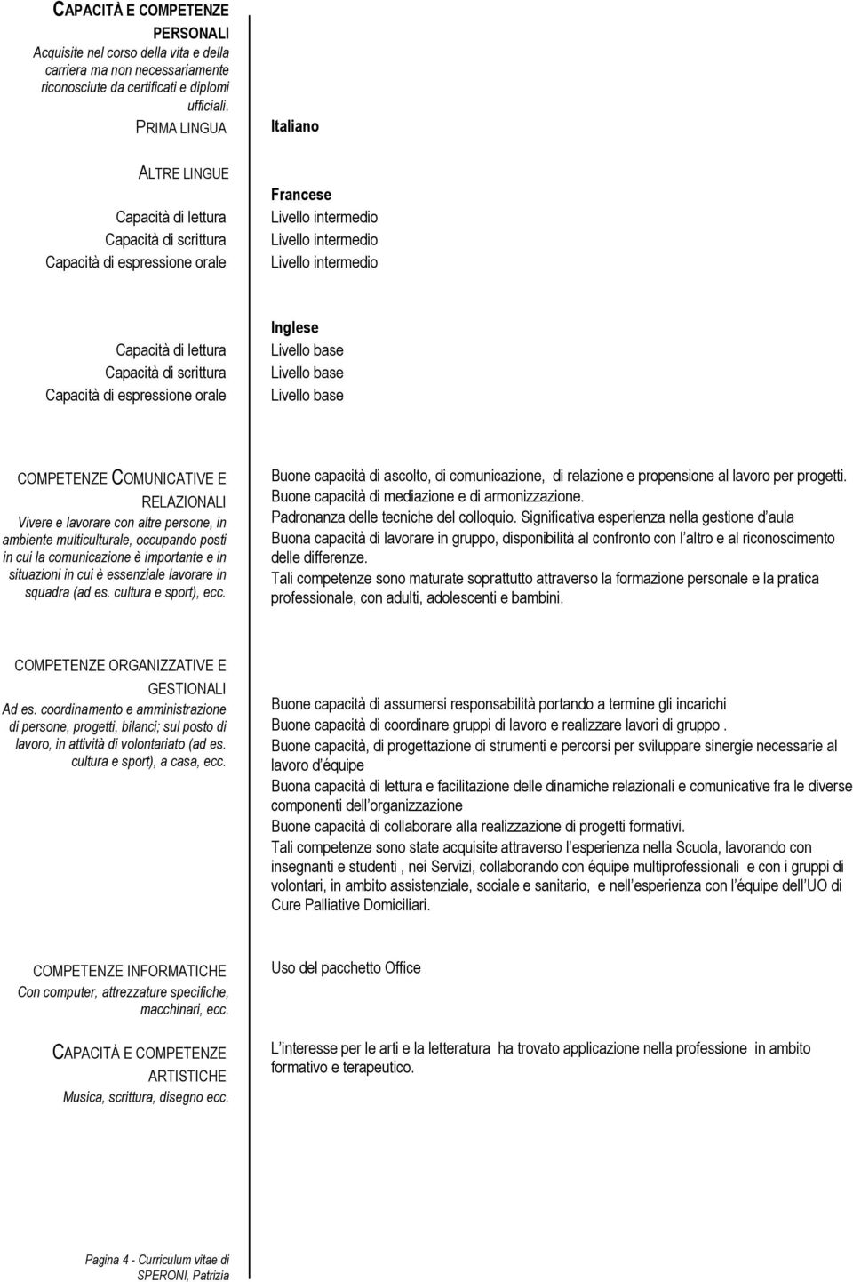 Capacità di scrittura Capacità di espressione orale Inglese Livello base Livello base Livello base COMPETENZE COMUNICATIVE E RELAZIONALI Vivere e lavorare con altre persone, in ambiente