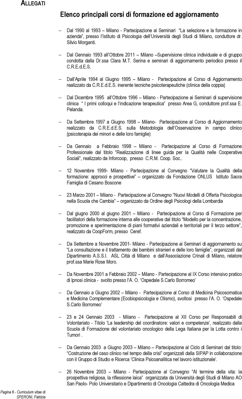 Serina e seminari di aggiornamento periodico presso il C.R.E.d.E.S. Dall Aprile 1994 al Giugno 1995 Milano - Partecipazione al Corso di Aggiornamento realizzato da C.R.E.d.E.S. inerente tecniche