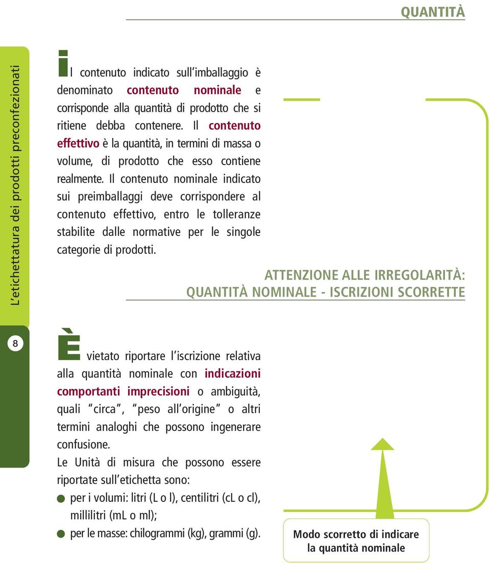 Il contenuto nominale indicato sui preimballaggi deve corrispondere al contenuto effettivo, entro le tolleranze stabilite dalle normative per le singole categorie di prodotti.