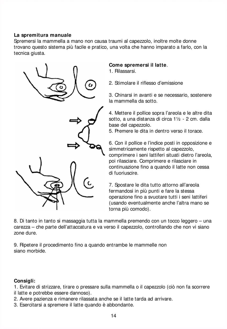 Mettere il pollice sopra l areola e le altre dita sotto, a una distanza di circa 1½ - 2 cm. dalla base del capezzolo. 5. Premere le dita in dentro verso il torace. 6.