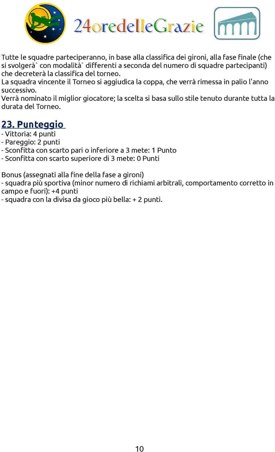 Verrà nominato il miglior giocatore; la scelta si basa sullo stile tenuto durante tutta la durata del Torneo. 23.