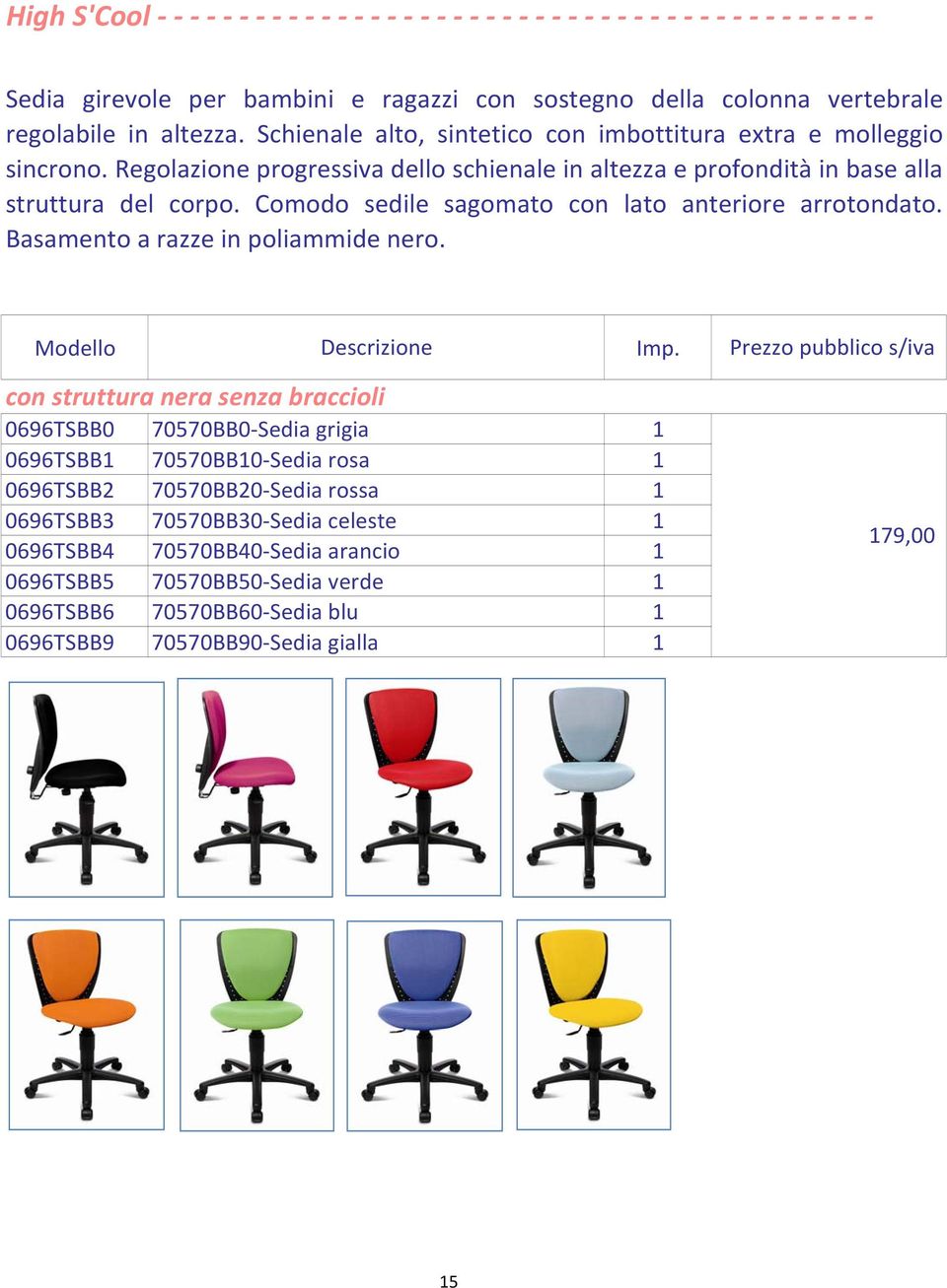 Regolazione progressiva dello schienale in altezza e profondità in base alla struttura del corpo. Comodo sedile sagomato con lato anteriore arrotondato.