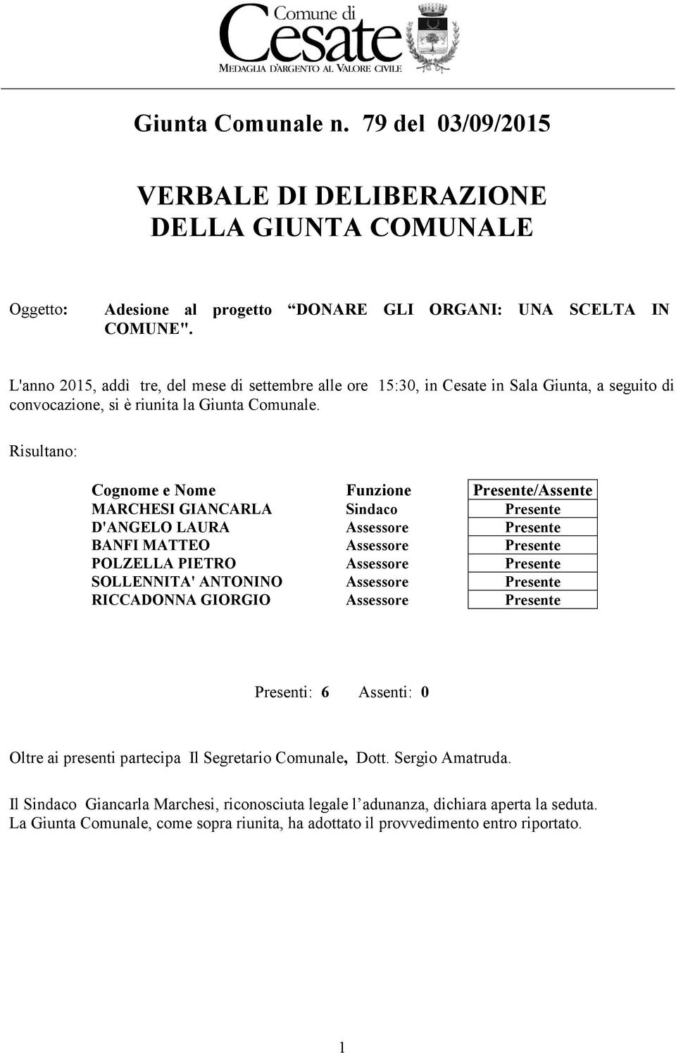 Risultano: Cognome e Nome Funzione Presente/Assente MARCHESI GIANCARLA Sindaco Presente D'ANGELO LAURA Assessore Presente BANFI MATTEO Assessore Presente POLZELLA PIETRO Assessore Presente