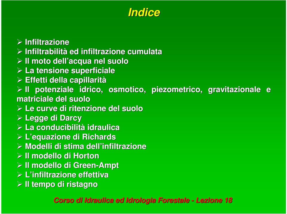 del suolo Le curve di ritenzione del suolo Legge di Darcy La conducibilità idraulica L equazione di Richards