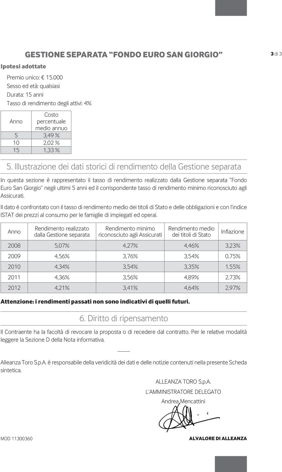 Illustrazione dei dati storici di rendimento della Gestione separata In questa sezione è rappresentato il tasso di rendimento realizzato dalla Gestione separata Fondo Euro San Giorgio negli ultimi 5