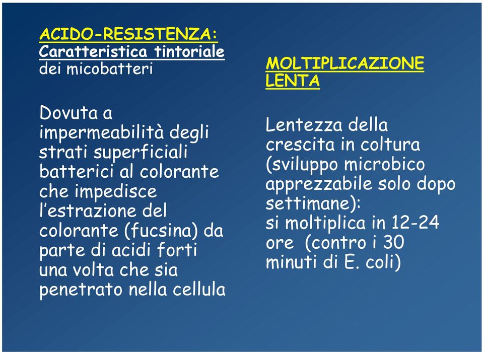 forti una volta che sia penetrato nella cellula MOLTIPLICAZIONE LENTA Lentezza della crescita in coltura