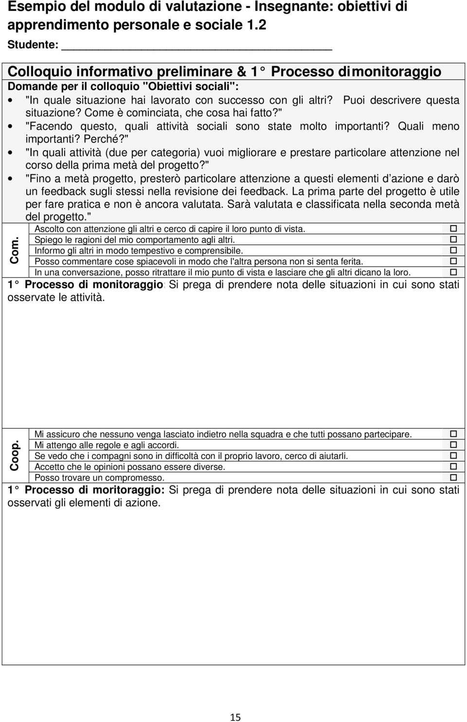 Puoi descrivere questa situazione? Come è cominciata, che cosa hai fatto?" "Facendo questo, quali attività sociali sono state molto importanti? Quali meno importanti? Perché?