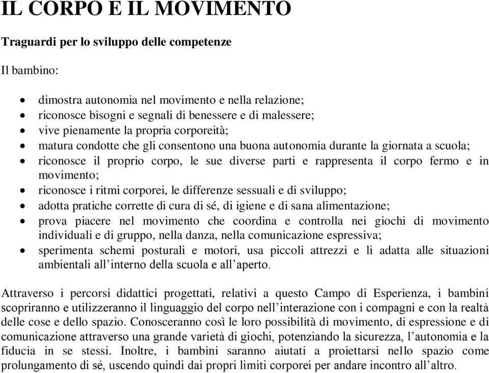 sessuali e di sviluppo; adotta pratiche corrette di cura di sé, di igiene e di sana alimentazione; prova piacere nel movimento che coordina e controlla nei giochi di movimento individuali e di