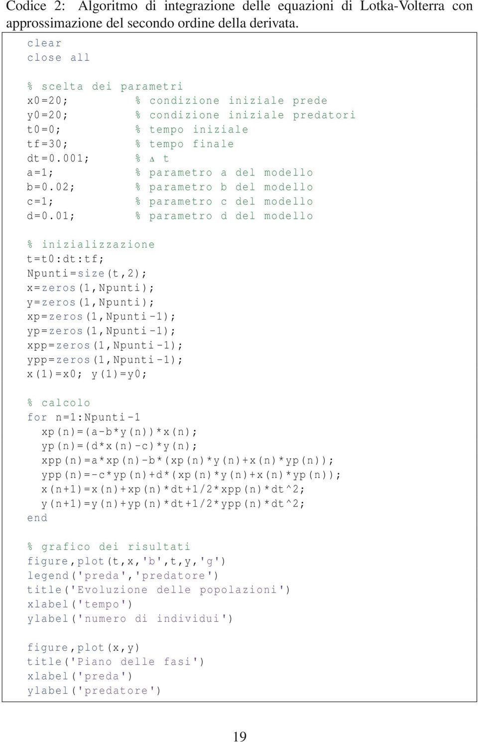 001; % Δ t a=1; % parametro a del modello b=0.02; % parametro b del modello c=1; % parametro c del modello d=0.