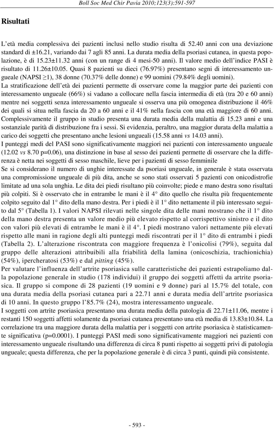 Il valore medio dell indice PASI è risultato di 11.26±10.05. Quasi 8 pazienti su dieci (76.97%) presentano segni di interessamento ungueale (NAPSI 1), 38 donne (70.37% delle donne) e 99 uomini (79.